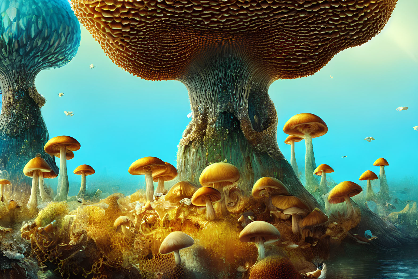 Vibrant oversized mushrooms in fantastical landscape with floating fish