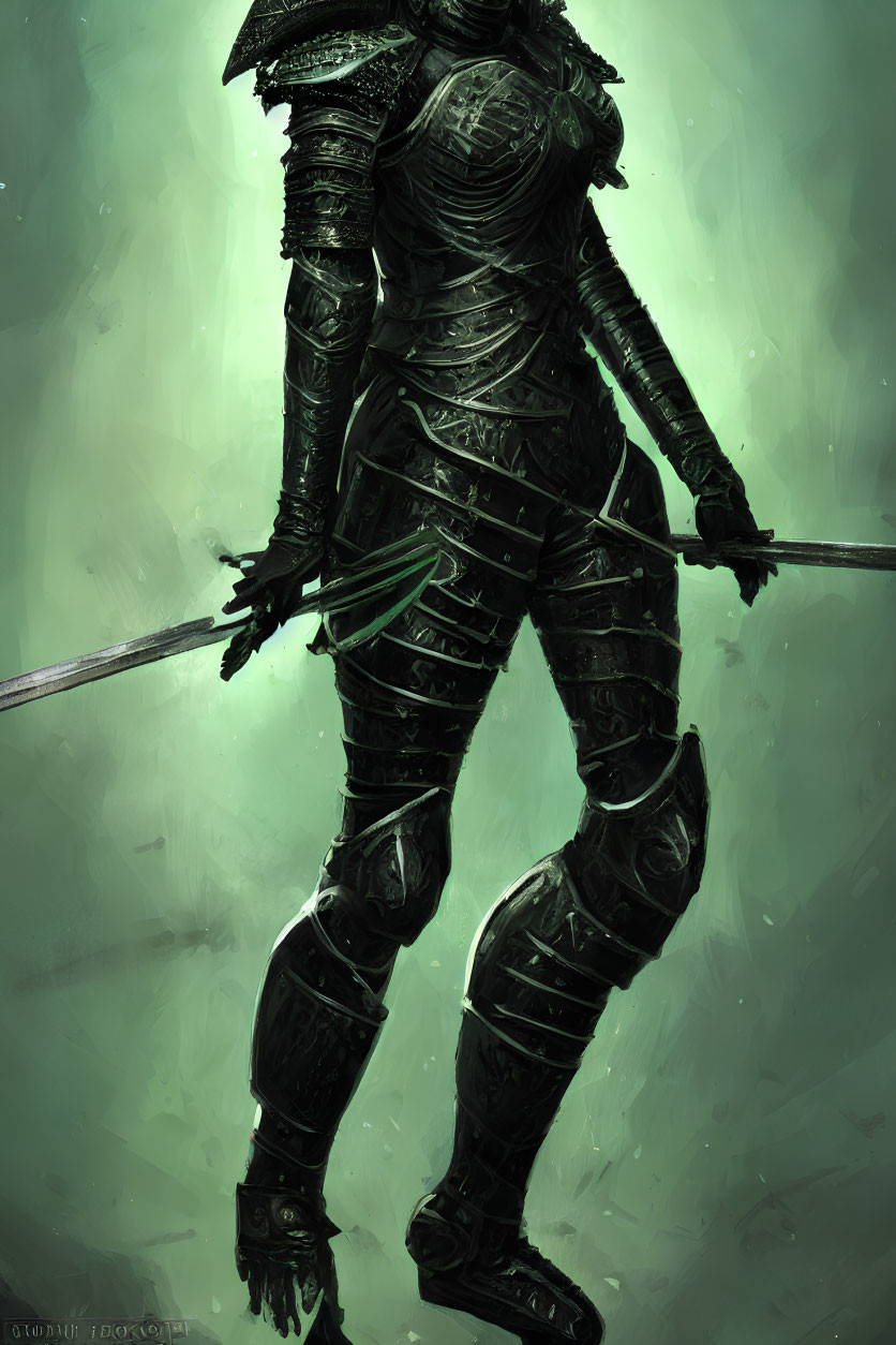 Mysterious figure in black armor with spear on misty green background