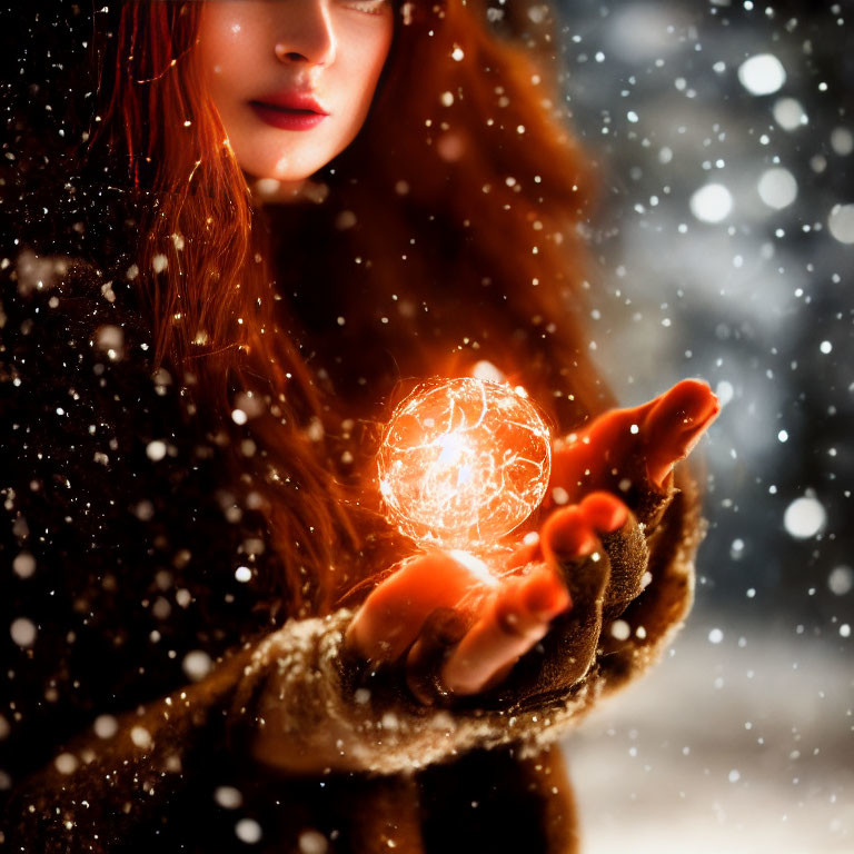 Red-haired person holding glowing orb in snowy weather