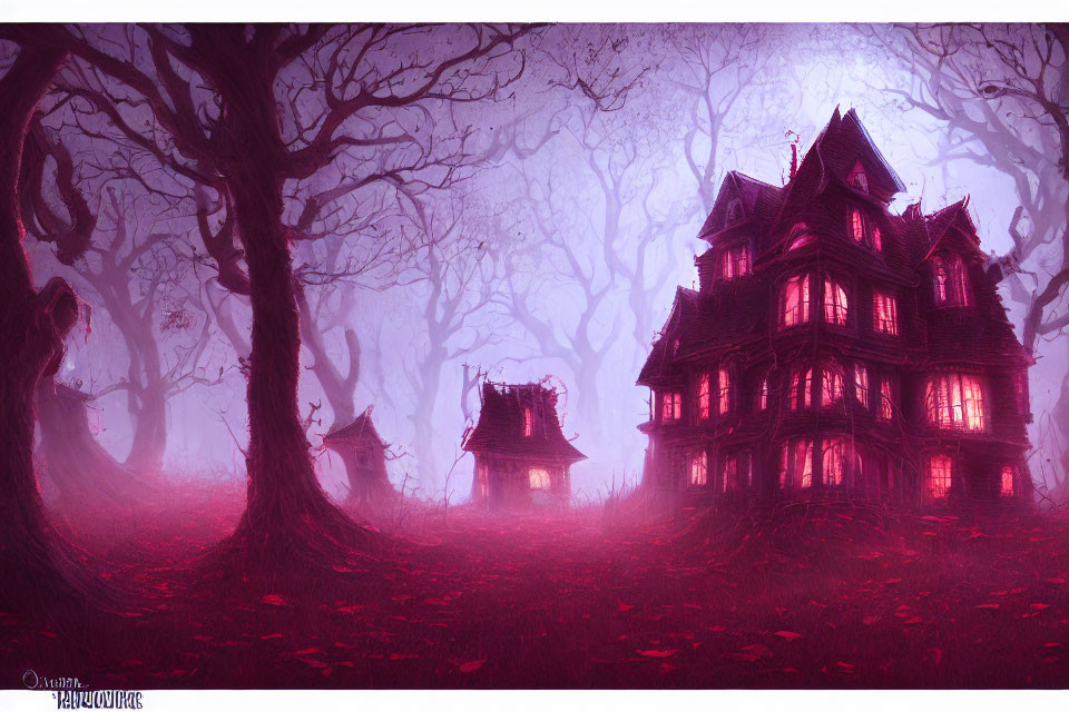 Victorian-style house in mystical forest with purple haze