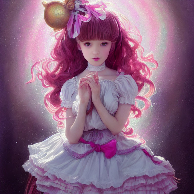 Illustration of girl with pink wavy hair, big eyes, white dress, cosmic background