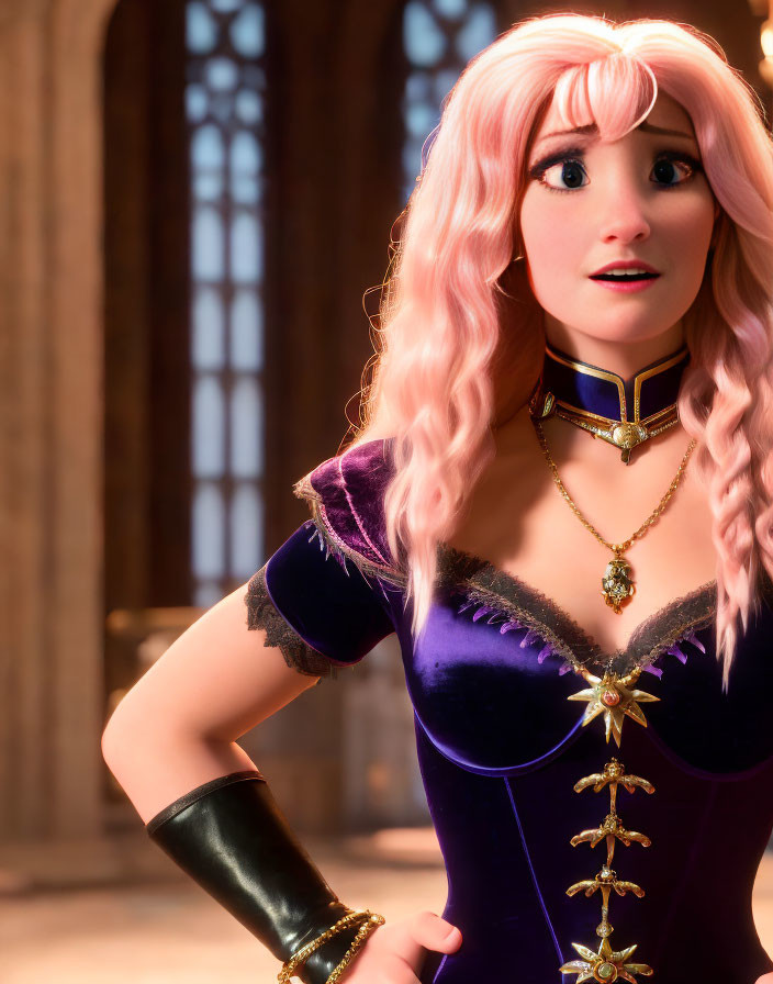 Pink-haired 3D character in purple dress with gold trim, black glove, choker necklace,