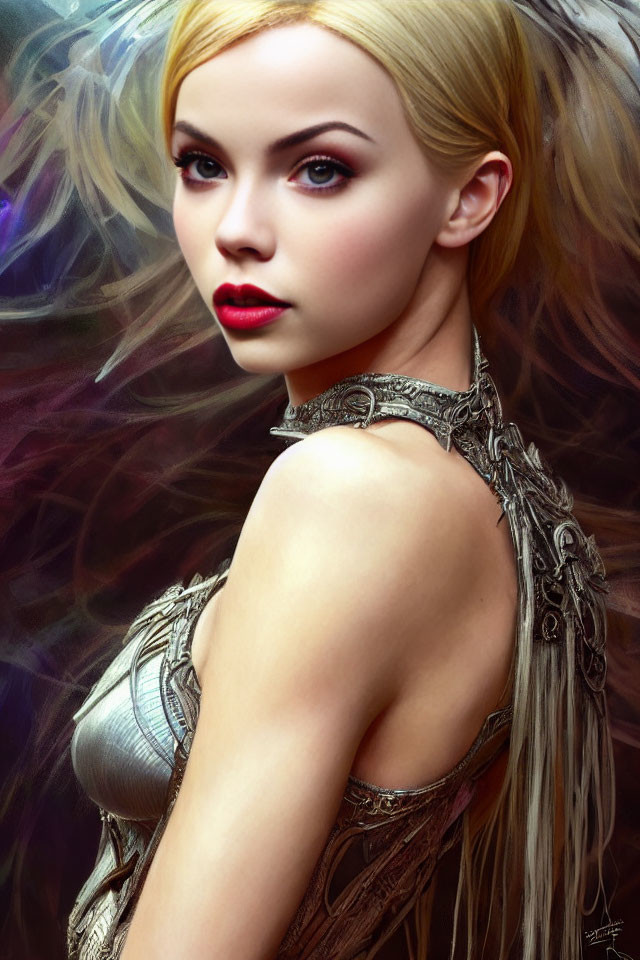 Blonde Woman in Silver Armor with Mystical Background