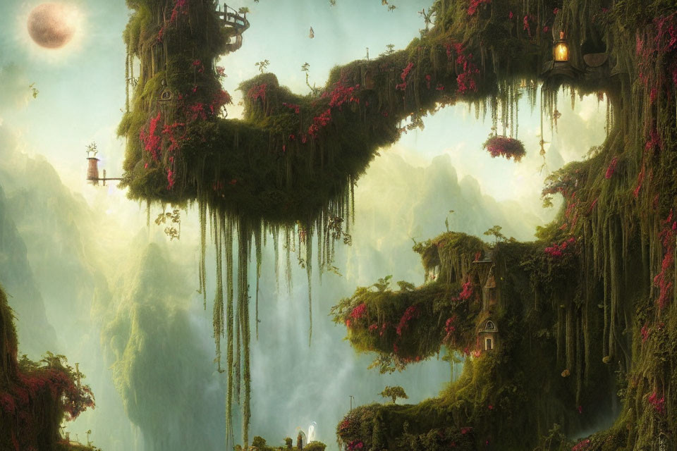 Floating island with lush greenery and whimsical structures in a celestial sky