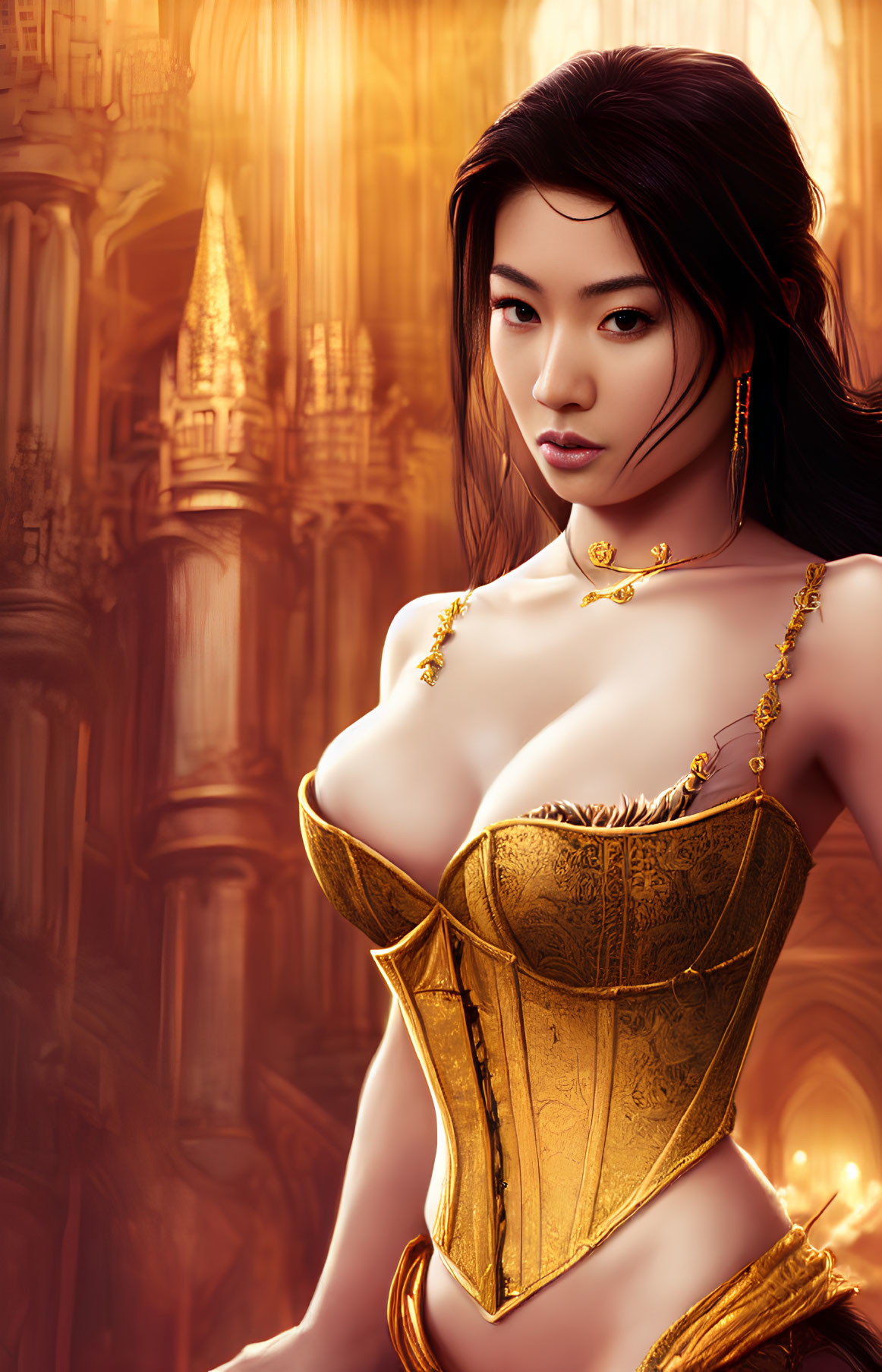 Digital Artwork: Woman in Golden Fantasy Attire with Dark Hair