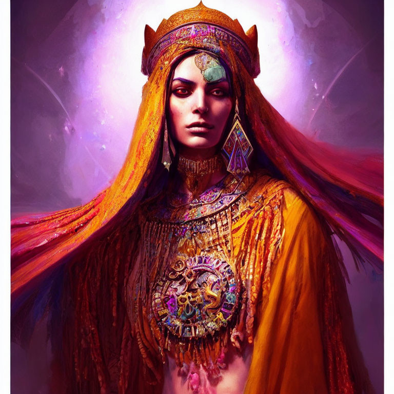 Regal person in orange robes with crown and golden jewelry on purple backdrop