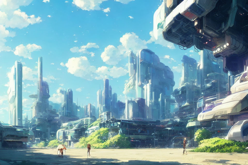 Futuristic cityscape with skyscrapers, flying vehicles, and people walking.