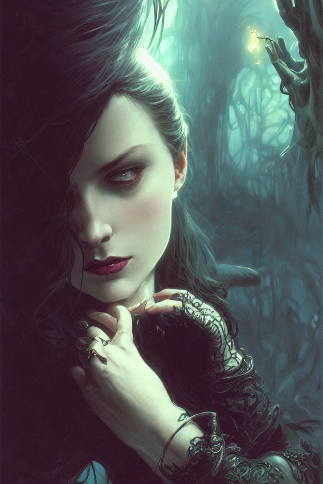 Illustrated woman in misty forest with intricate jewelry and red lips