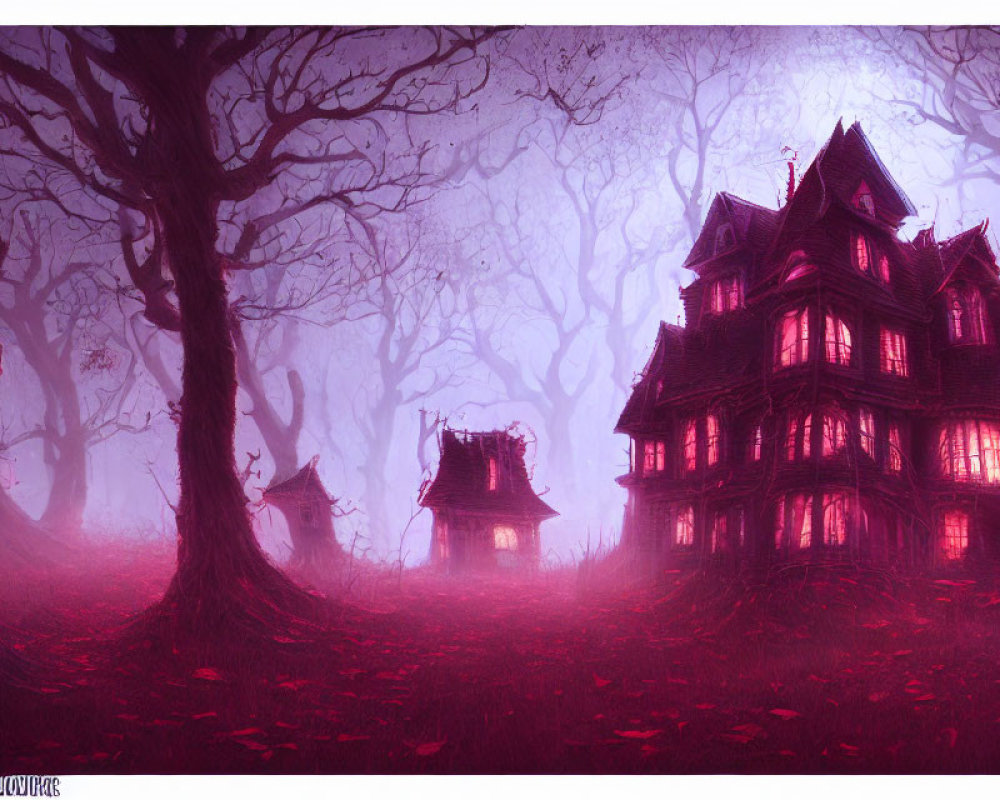 Victorian-style house in mystical forest with purple haze