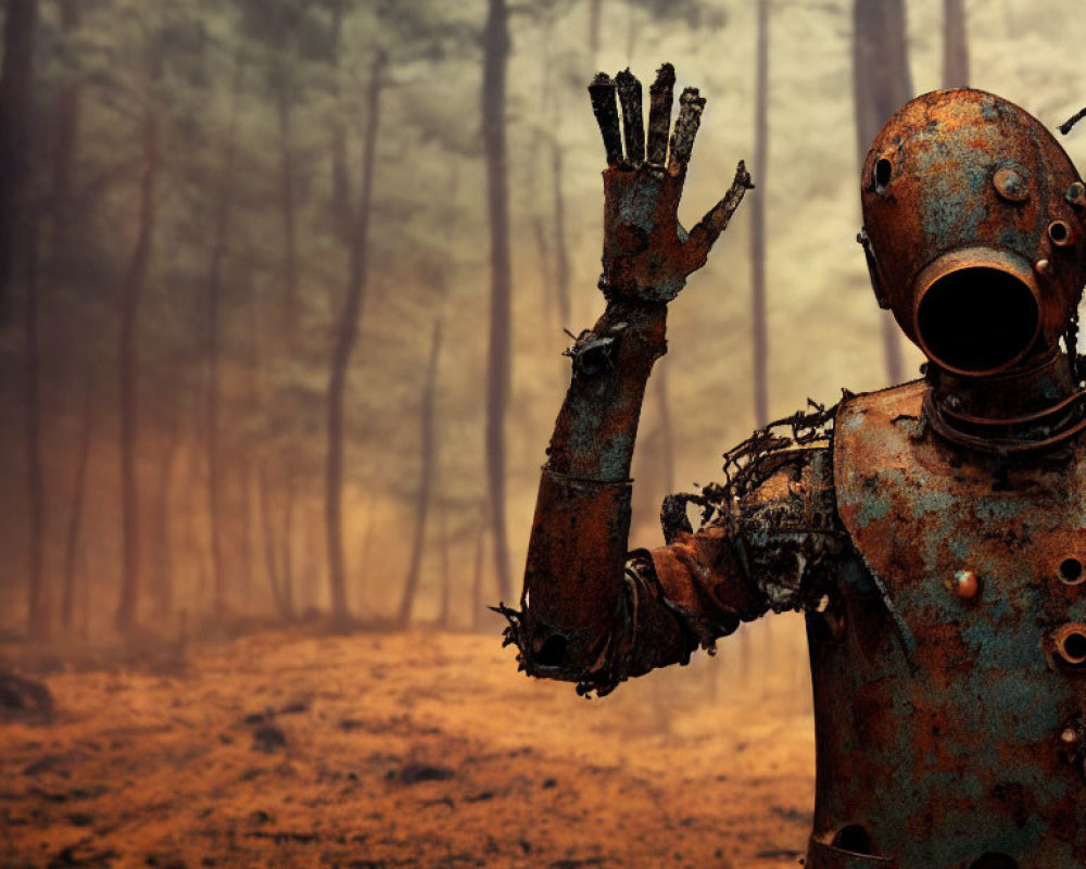 Rusty Robot in Misty Forest Setting