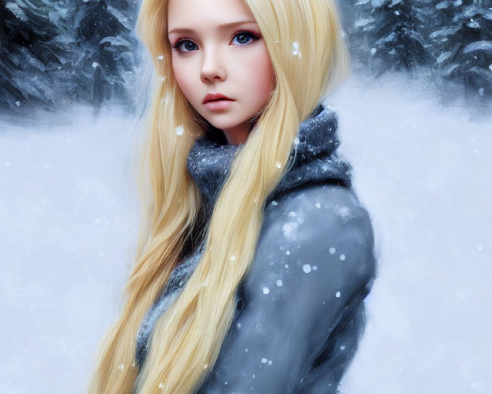 Blonde Woman in Gray Coat in Snowy Forest Portrait