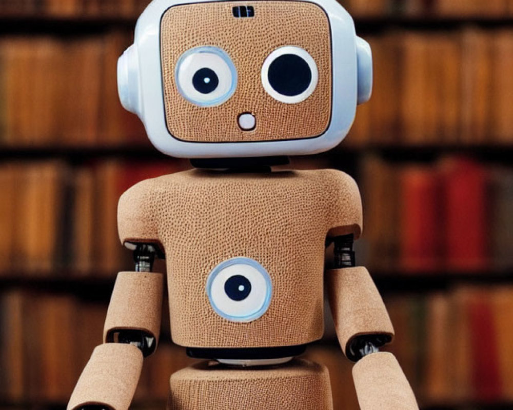 Adorable fabric robot reading book at table with bookshelf