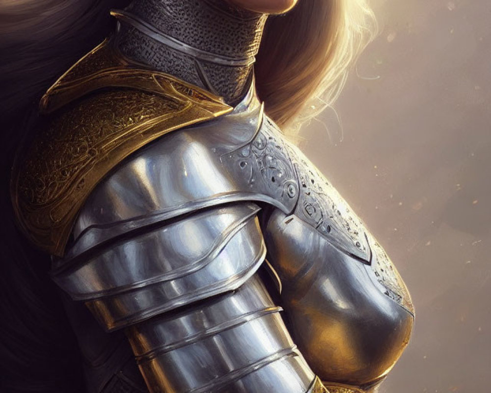 Warrior woman digital artwork: long hair, ornate silver and gold armor