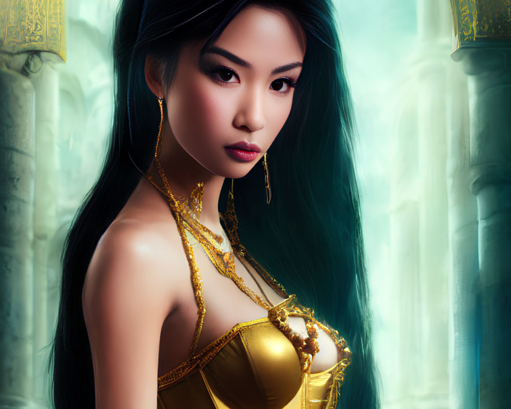 Digital artwork of regal woman in golden attire and crown in palace.