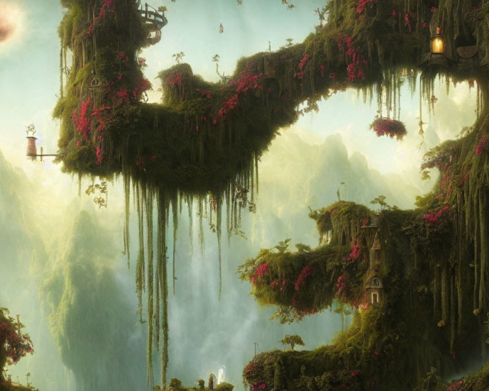 Floating island with lush greenery and whimsical structures in a celestial sky