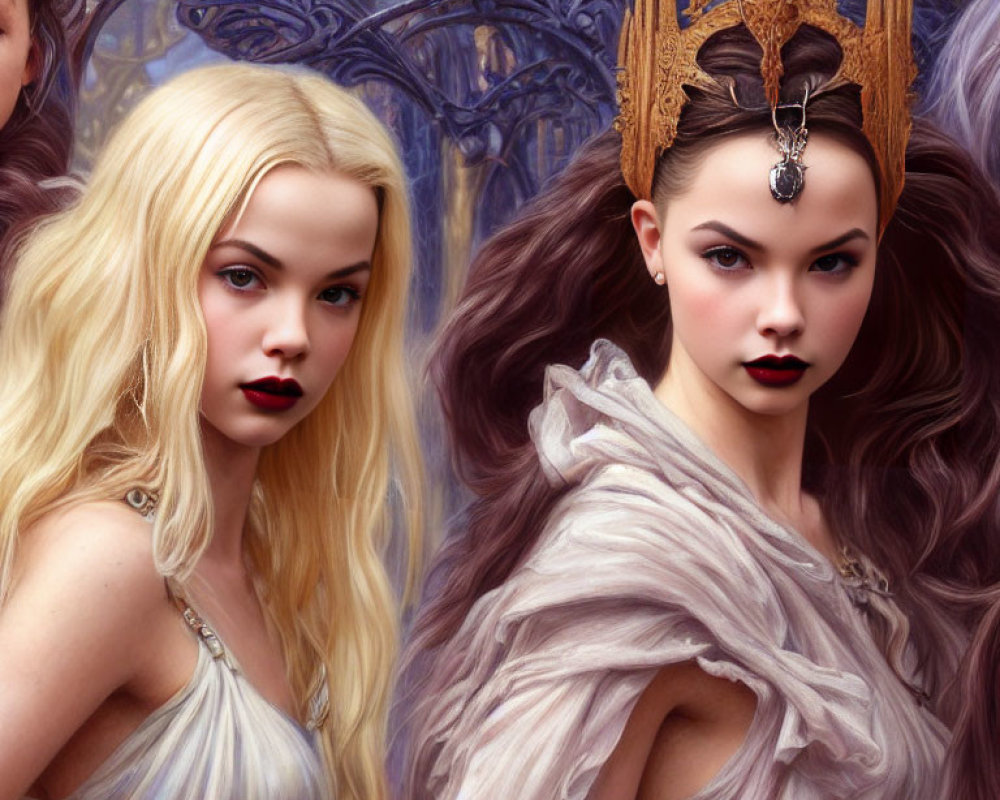 Regal fantasy women with intricate crowns and luxurious gowns in gothic setting