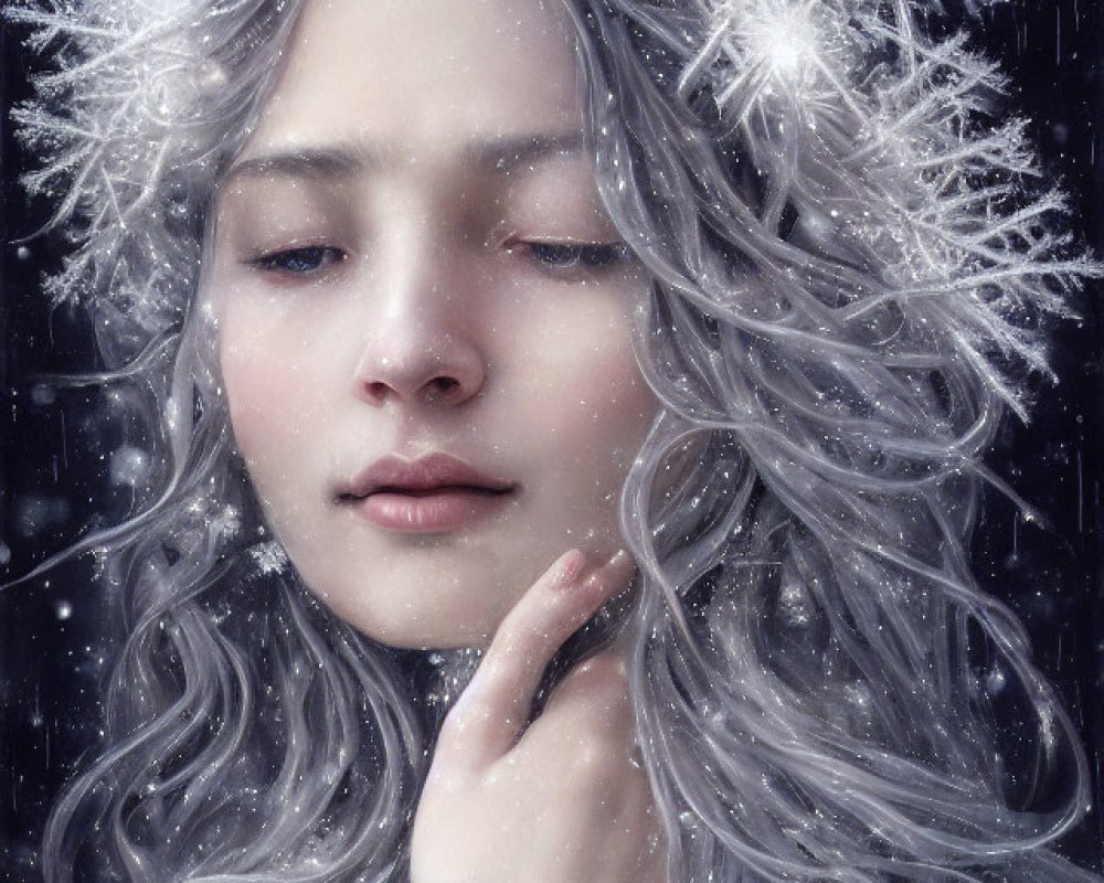 Pale-skinned person with long, wavy gray hair in snowflake adornment, amid falling snow