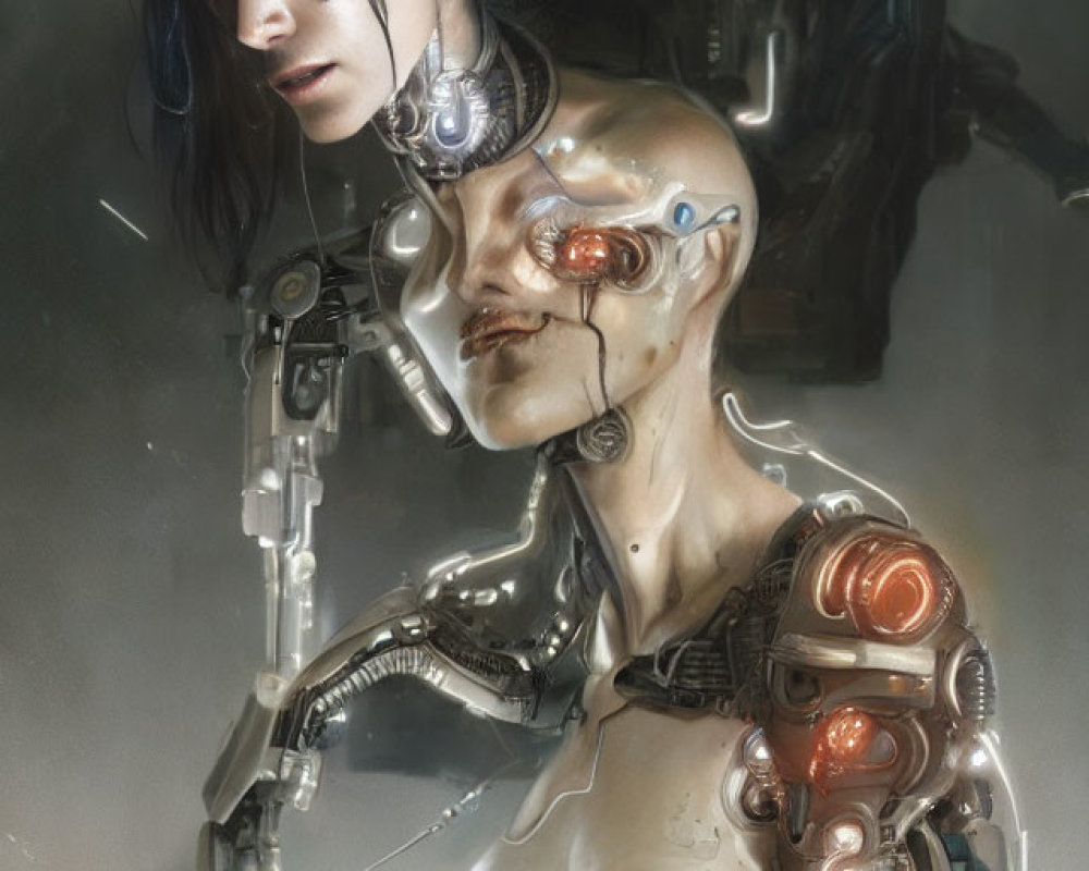 Futuristic humanoid robot and person with cybernetic enhancements.