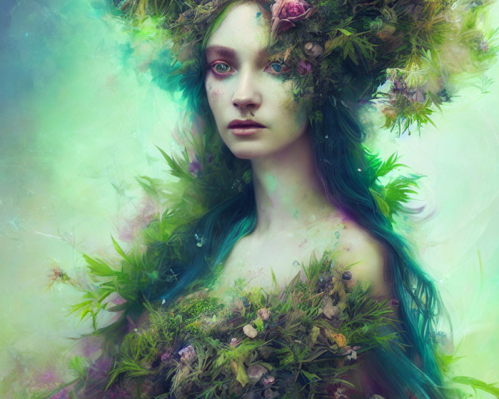 Portrait of woman with floral headdress in surreal setting