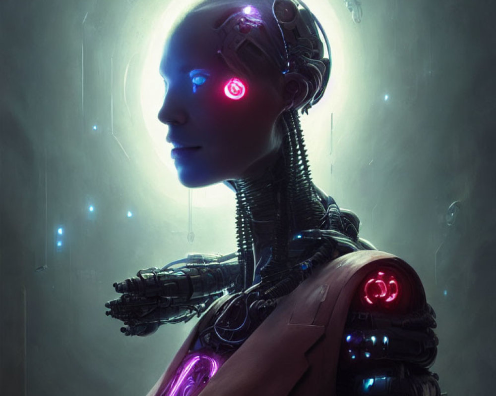 Futuristic female android with glowing blue eyes and intricate circuitry