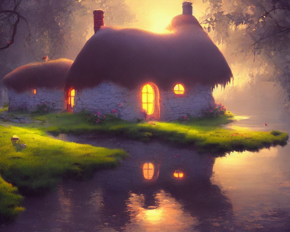 Quaint Thatched-Roof Cottage by Calm River at Twilight