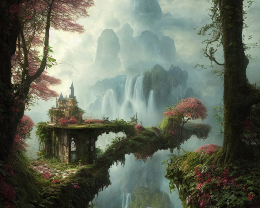 Fantastical landscape with overgrown cliff-side house and pink foliage trees.