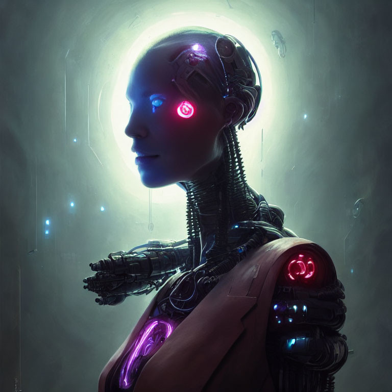 Futuristic female android with glowing blue eyes and intricate circuitry