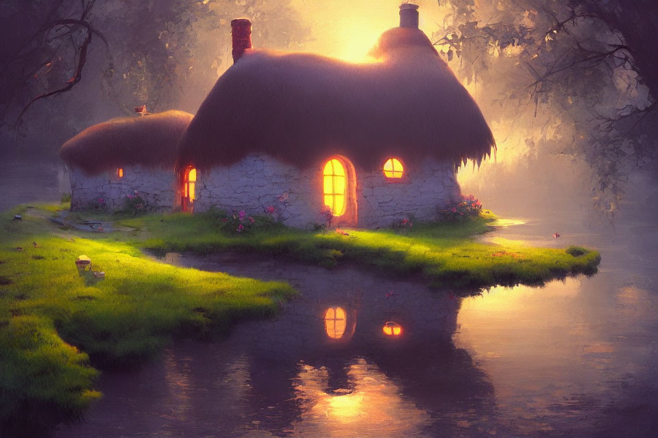 Quaint Thatched-Roof Cottage by Calm River at Twilight