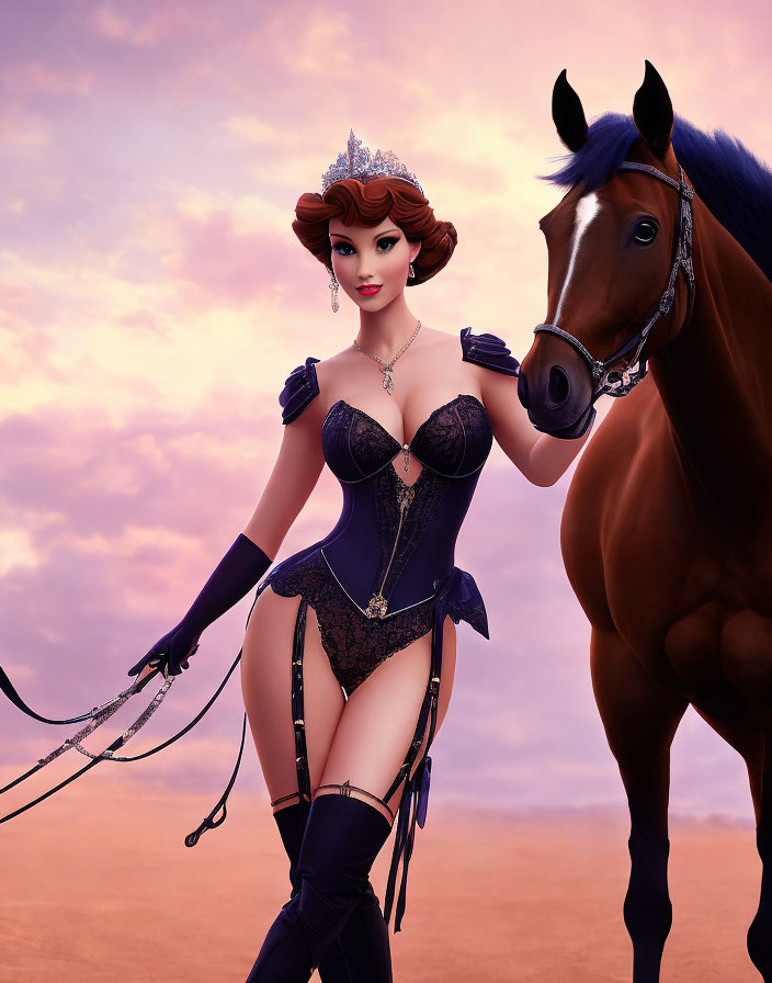 Stylized animated woman in purple corset with tiara holding reins of brown horse against pinkish