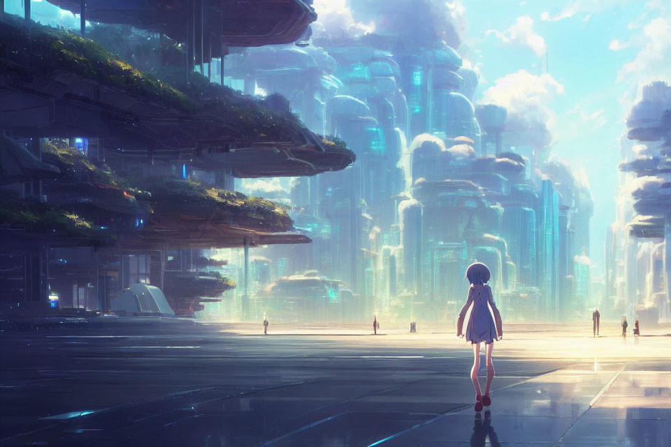 Girl with backpack walking towards futuristic cityscape in misty sunlight