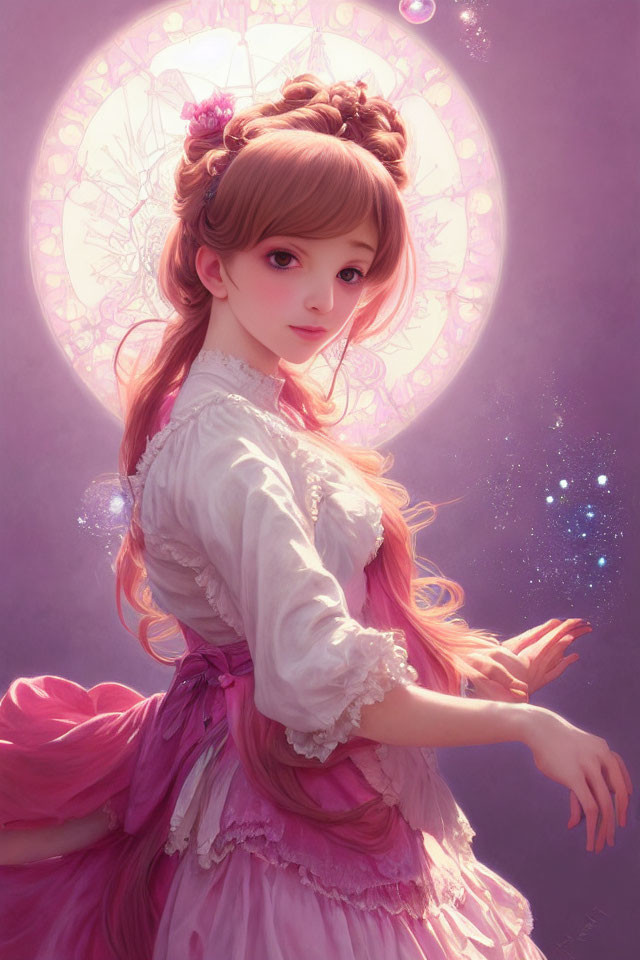 Digital Artwork: Young Woman with Intricate Hairstyles in Romantic Pink Dress