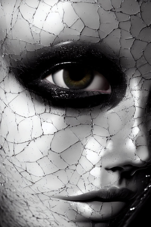 Close-up portrait with cracked texture overlay and dark eye makeup.