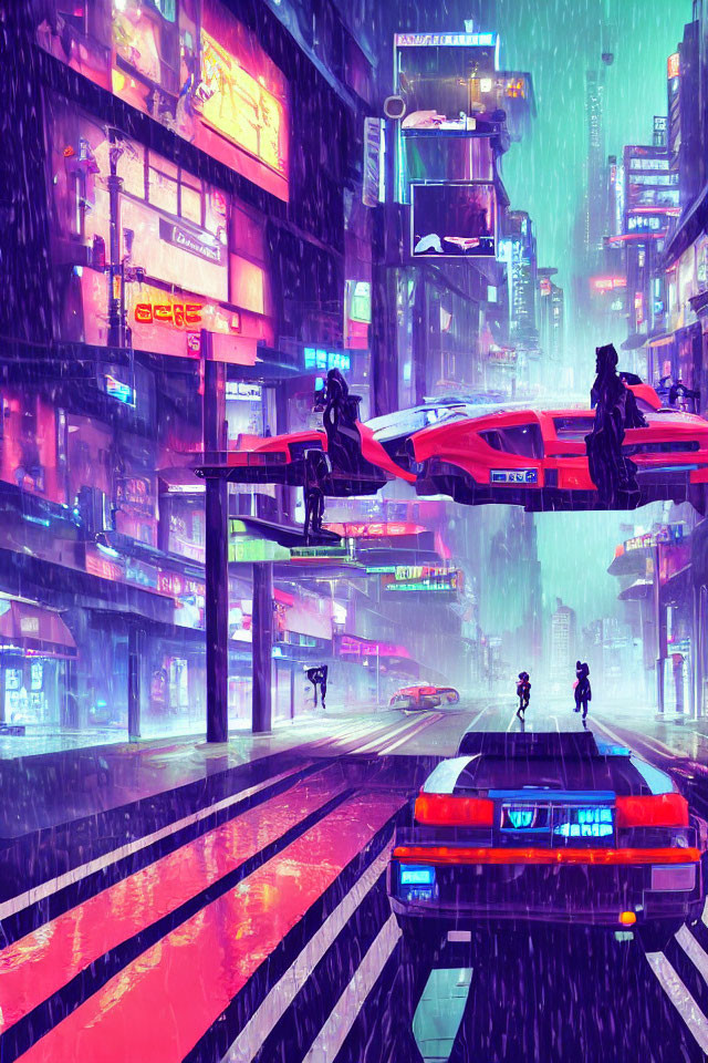 Futuristic cyberpunk cityscape with neon signs and flying vehicles