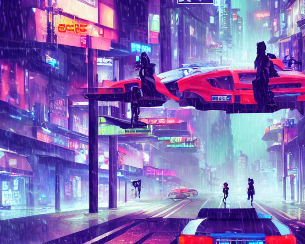 Futuristic cyberpunk cityscape with neon signs and flying vehicles