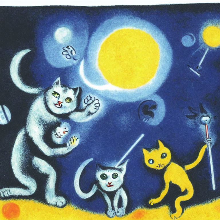 Whimsical cats in celestial scene with cosmic elements