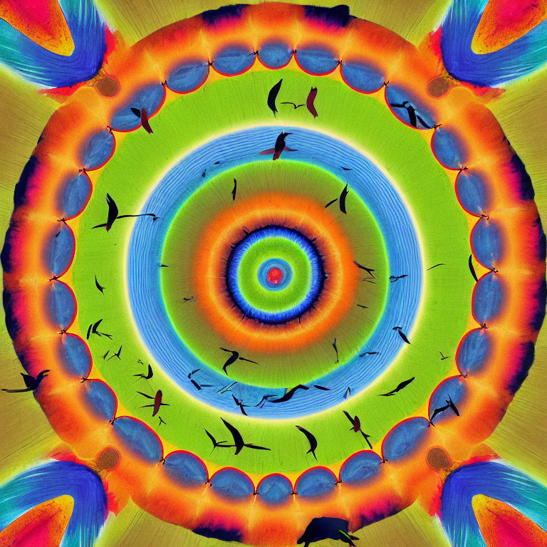 Colorful Bird Silhouettes in Circular Kaleidoscope Design