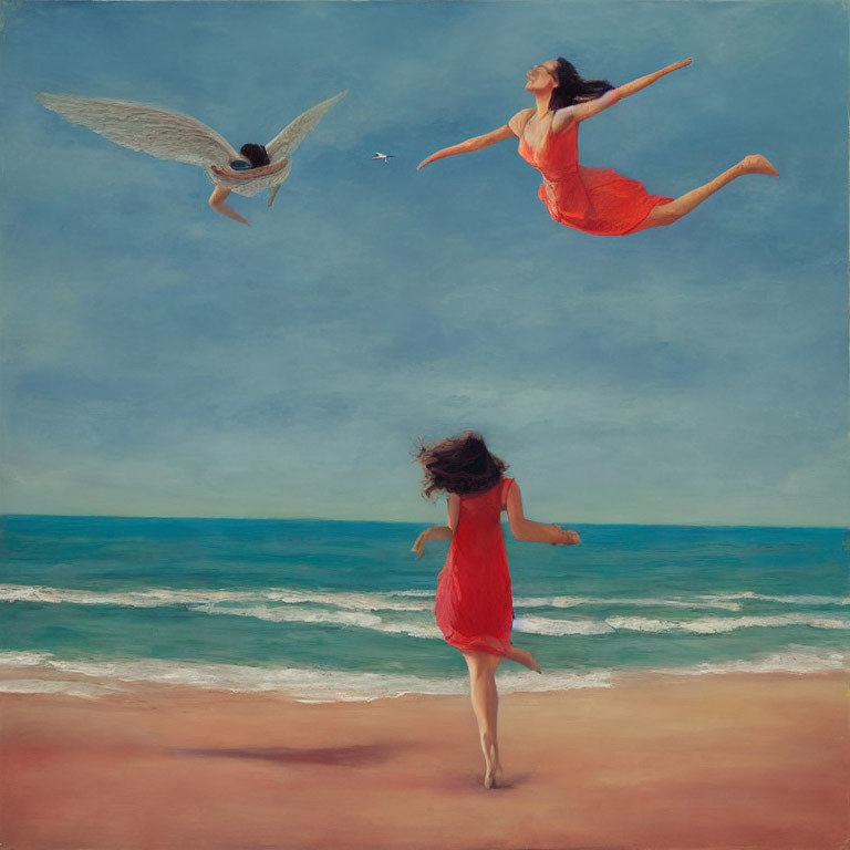 Artwork featuring three women by the sea: two with wings, one reaching out, while the third