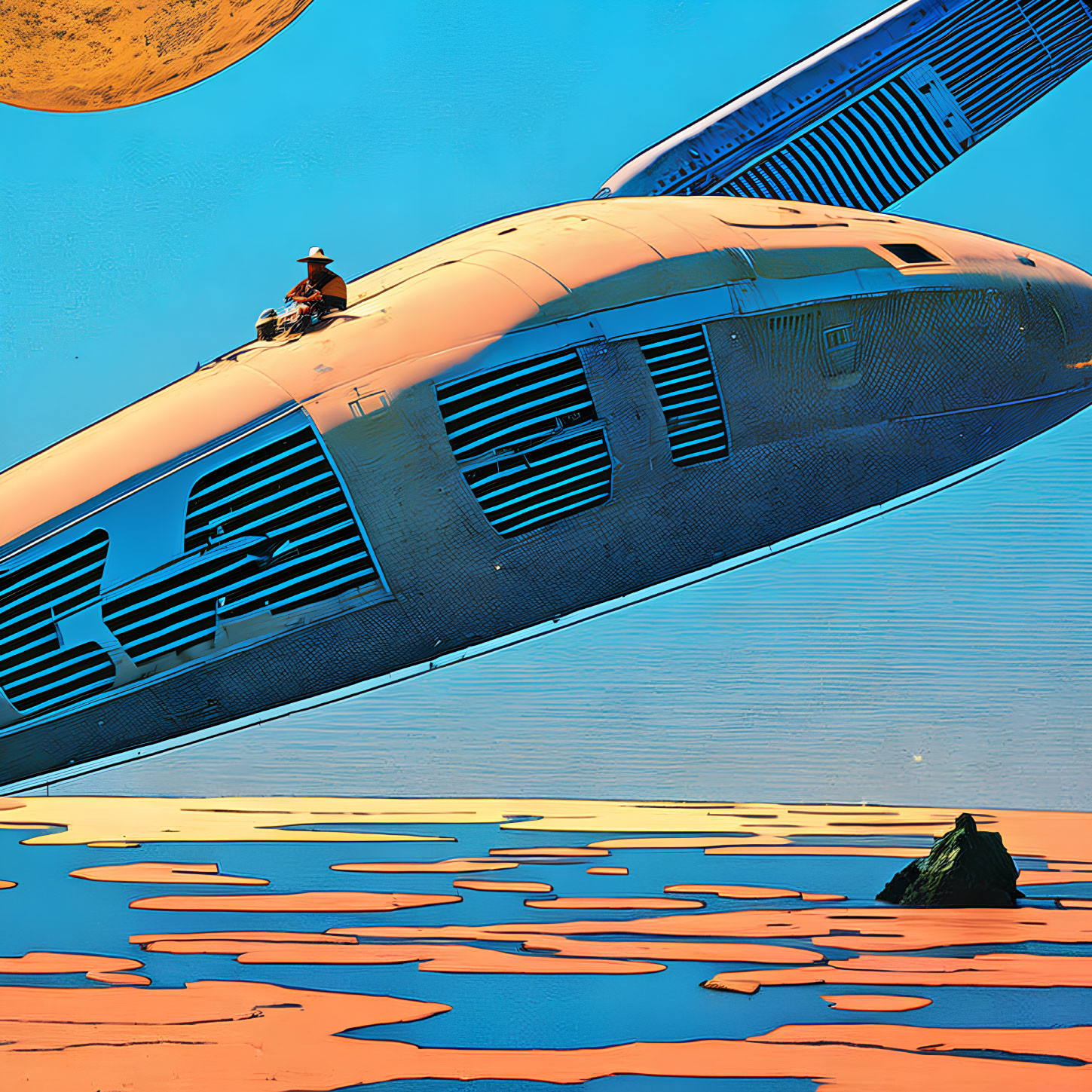 Futuristic spaceship with person on orange landscape under blue sky