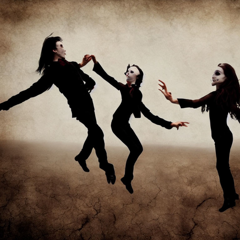 Three Figures in White Masks Dancing in Surreal Desert Landscape