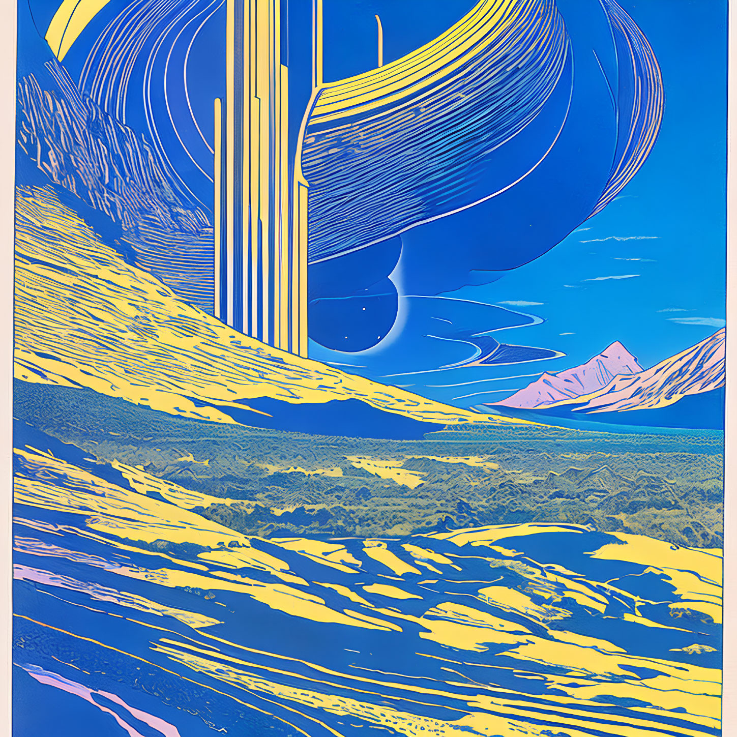 Swirling Blue Sky, Yellow Hills, Pink Mountains Landscape Illustration