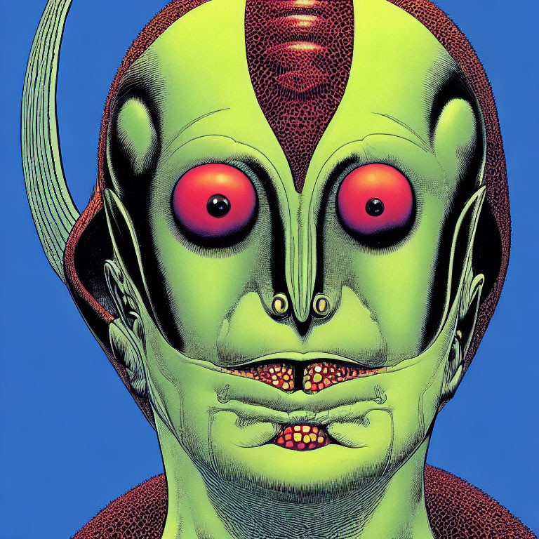 Detailed green reptilian alien with red eyes on blue background