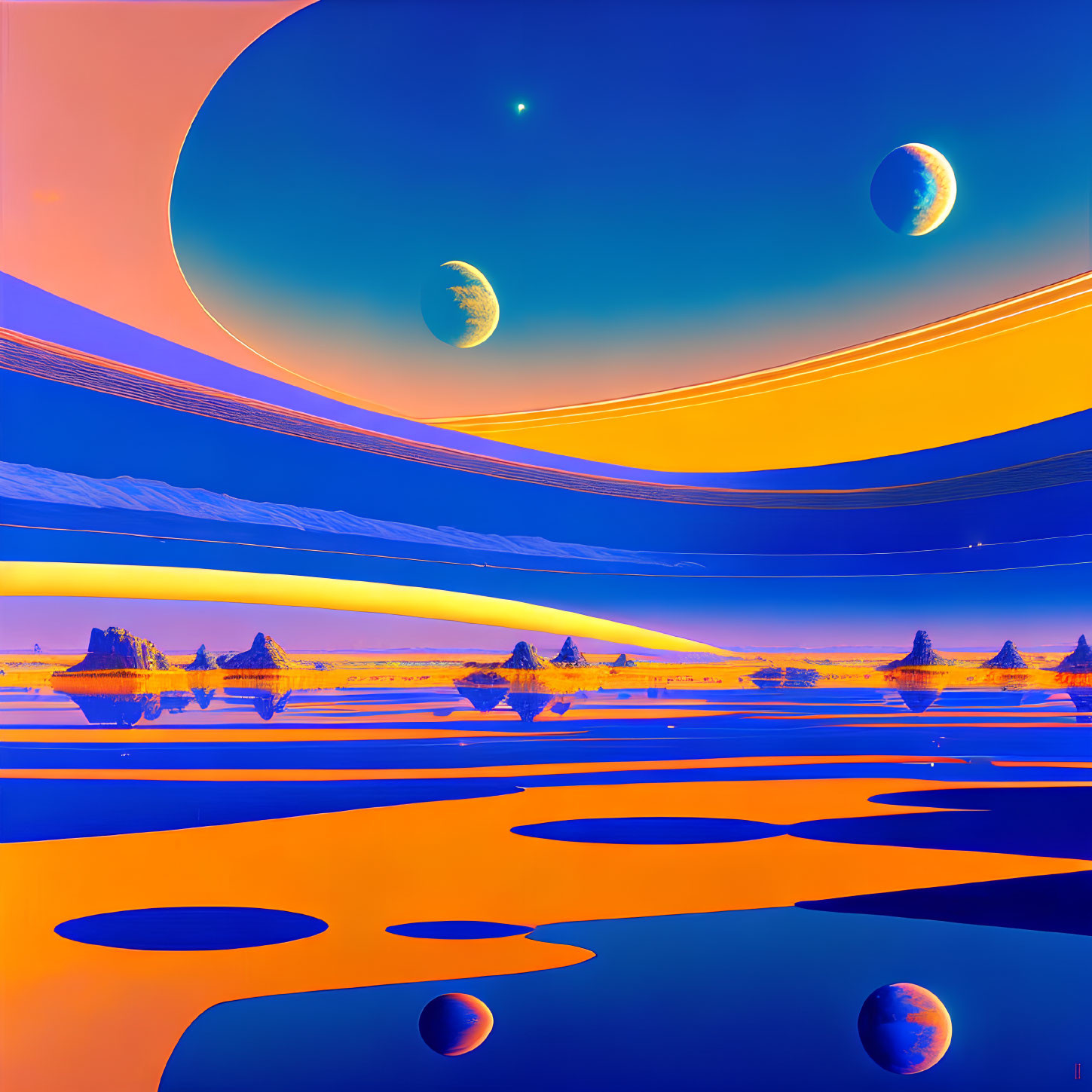 Colorful sci-fi landscape with orange and blue hues, reflective water bodies, ringed planets, and