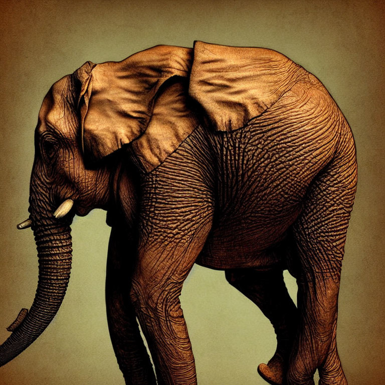 Detailed textured sepia-tone elephant illustration with skin wrinkles and folds.