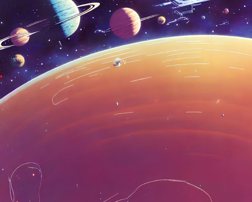 Colorful space illustration with orange planet, rings, other planets, and spaceship among stars