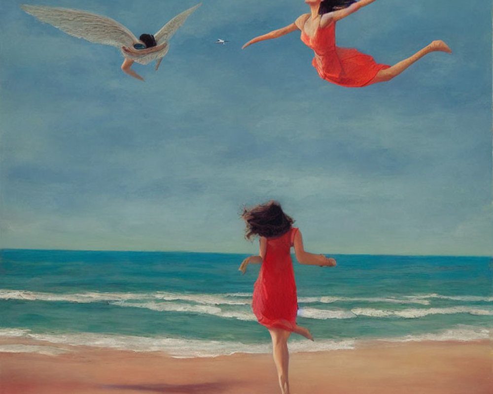 Artwork featuring three women by the sea: two with wings, one reaching out, while the third