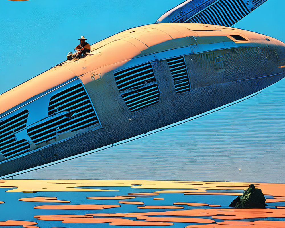 Futuristic spaceship with person on orange landscape under blue sky