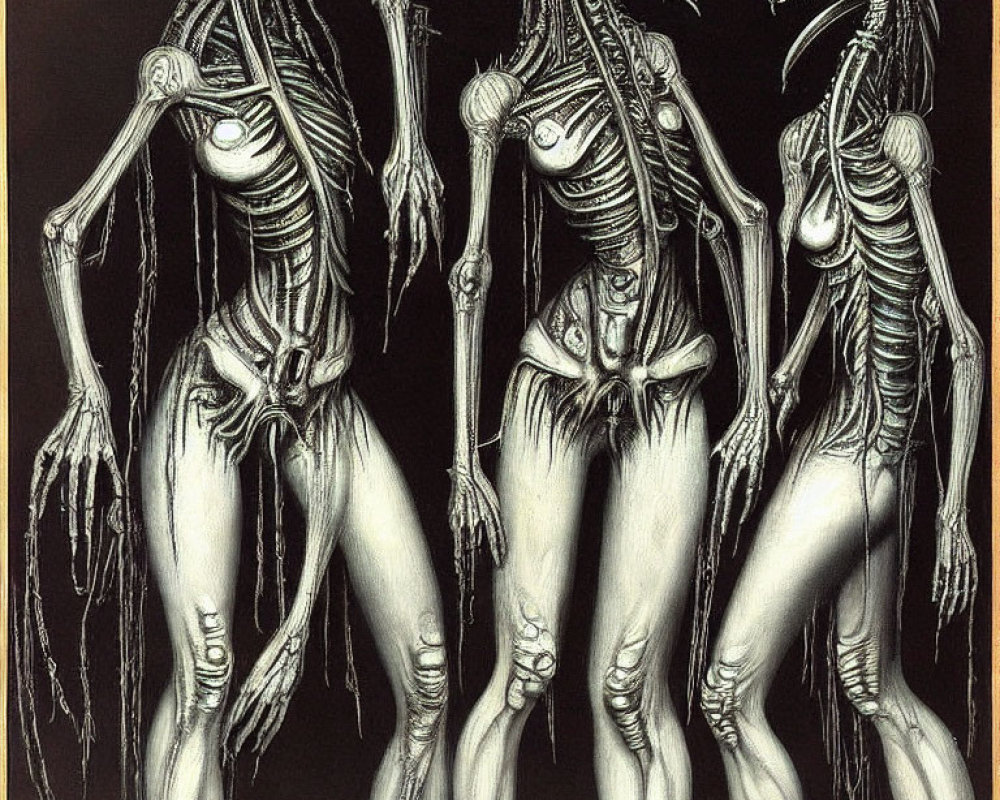 Abstract skeletal figures with elongated limbs in dark space