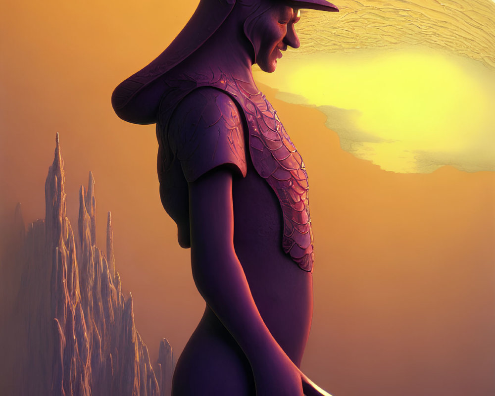 Purple fantasy knight in armor against sunset with glowing orb and spiky landscape