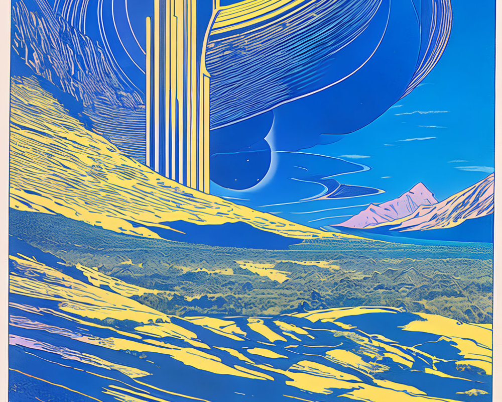 Swirling Blue Sky, Yellow Hills, Pink Mountains Landscape Illustration