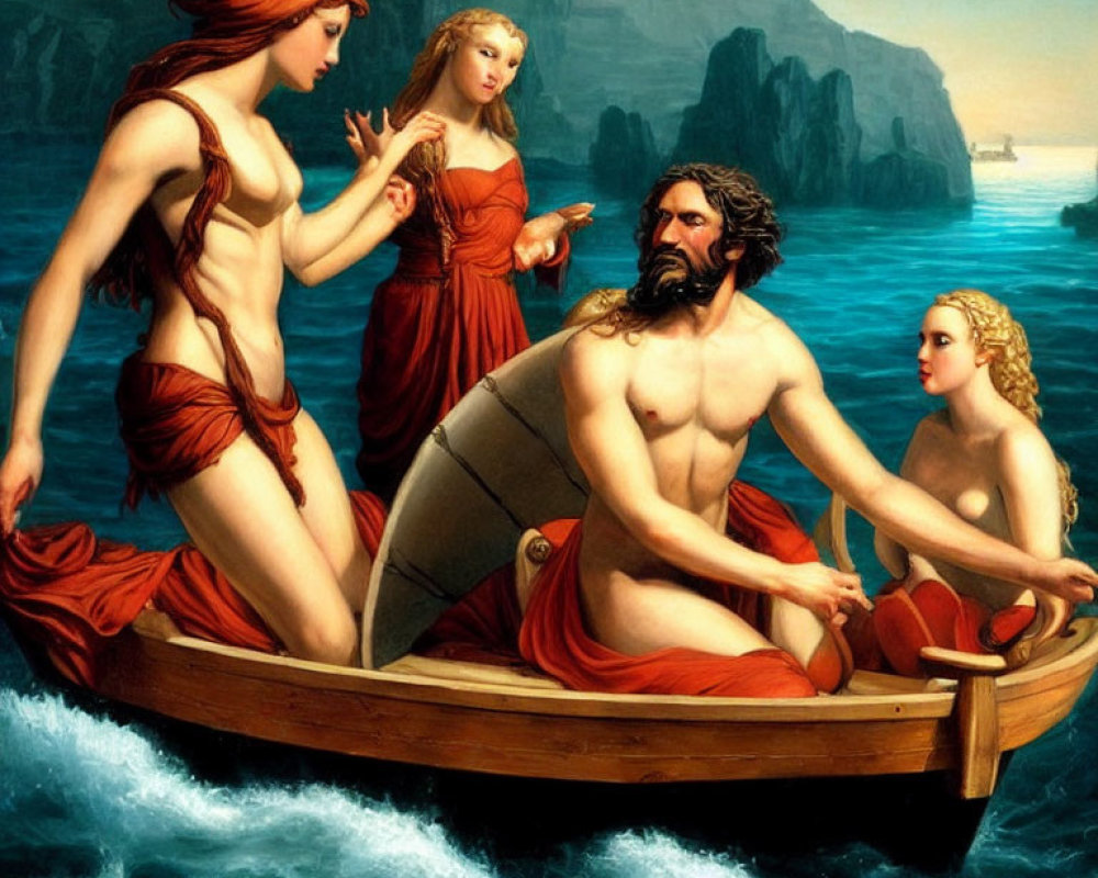 Classical painting of bearded man in boat with three women in red by the sea